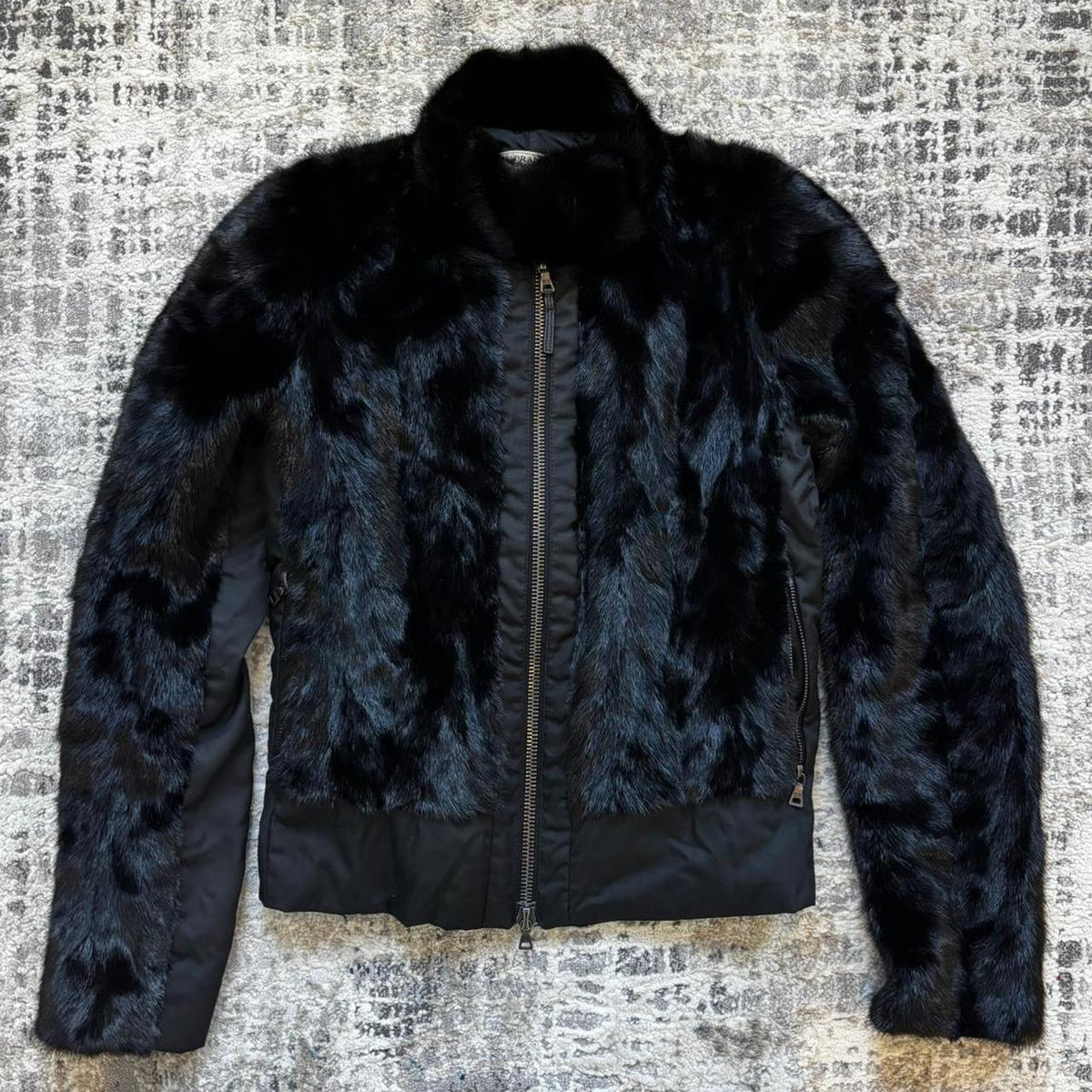 Prada FW2002 Black Fur Cropped Biker Jacket