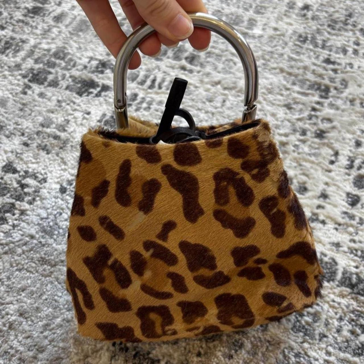 Prada SS2003 Leopard Print Fur Mini Metal Handle Bag
